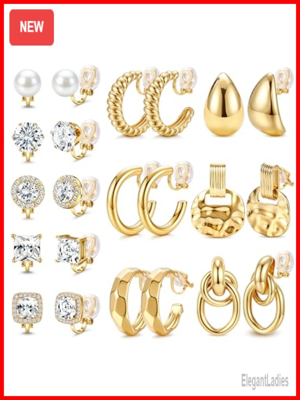 11 Pairs Clip On Earrings Set Hoop Twist Pearl Hypoallergenic 14K Gold Plated